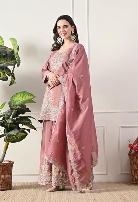 Tissue Silk Heavy Embroidered Sharara Suit Set for Women | Luxury Indian Ethnic Palazzo Dress | Anarkali Style Kurta Dupatta Set