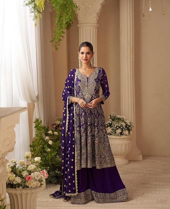 Women's Georgette Embroidered Work Salwar Suit Set Anarkali Sharara with Dupatta 18142 (ST06)