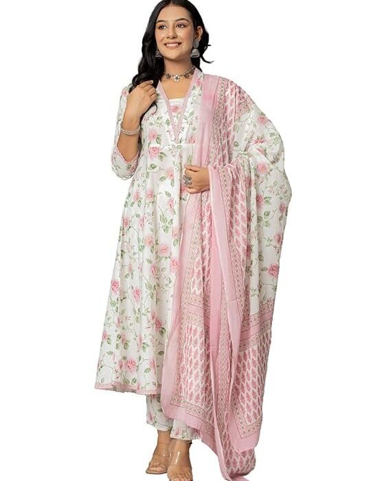 Amayra Women's Cotton Printed Anarkali Suit with Palazzo Pants and Dupatta