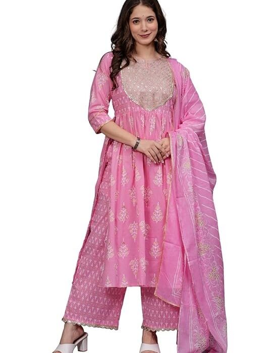 Amayra Women's Pure Cotton Printed Straight Suit Set with Palazzo Pants & Dupatta- Ethnic Wear, Pink