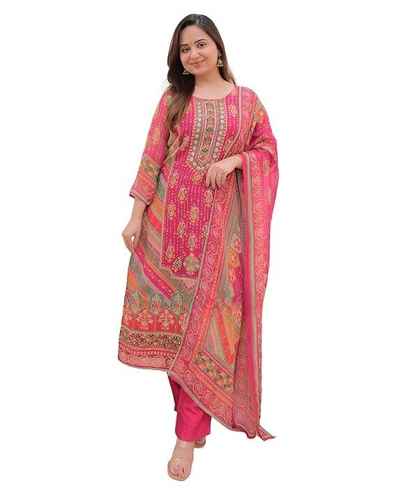 BHARVITA Women's Cotton Printed Sequence Embroidered Work Straight Suit Dupatta Pant Set