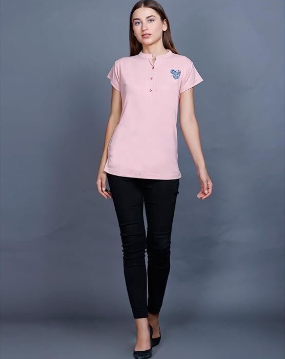 CUPID Woman's Regular Fit Cotton Plain Mandarin Collar Neck Half Sleeves Long Top, Dailywear, Sportswear, Casual Wear Ladies T Shirt