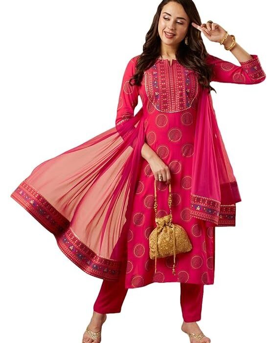 GoSriKi Women's Cotton Blend Straight Printed Suit with Pant & Dupatta