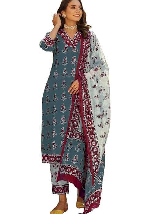 Women's Rayon Blend Straight Printed Suit with Pant & Dupatta