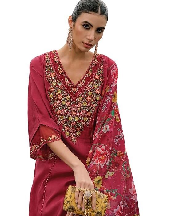 INDO ERA Women's Silk Blend Embroidered A-Line Suit Pant with Dupatta Set