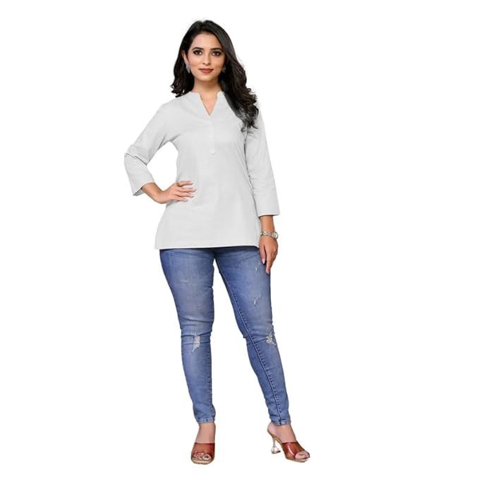JIMORY Women's Pure Cotton Solid Mandarin Collar Top Hip-Length Regular Fit Tee Stylish Short Suit
