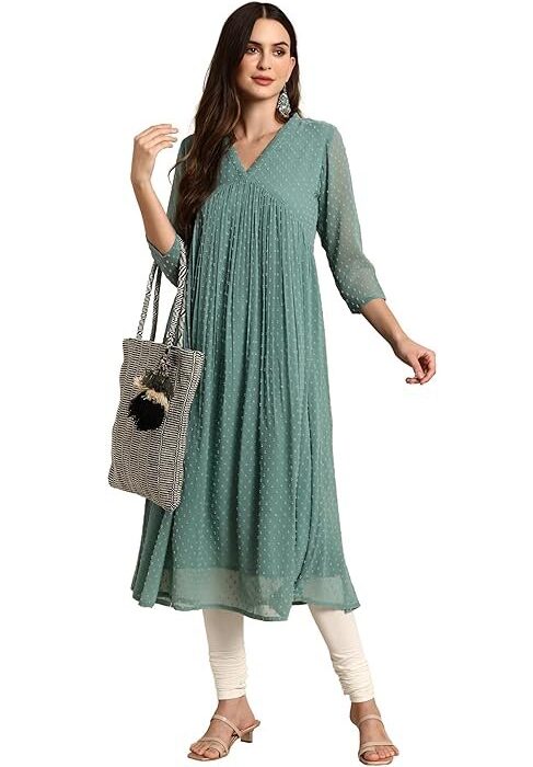 Janasya Women's Fit and Flare Calf Length Poly Chiffon Self Design Flared Western Dress