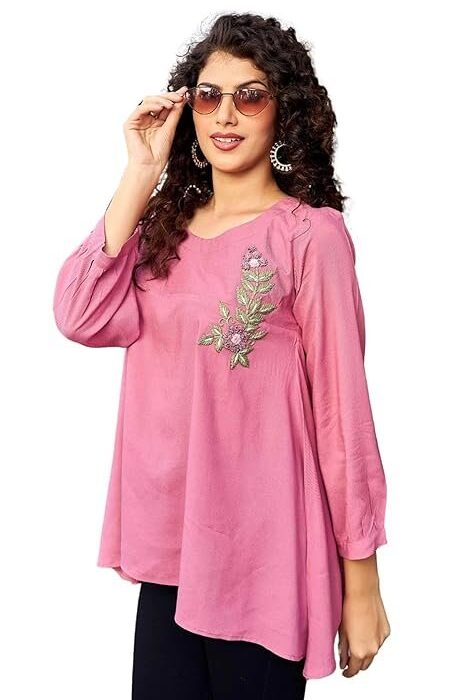 KESUDI Women's Tunics Tops Rayon Hand Block Printed Short Suit Suit Shirt Top for Women