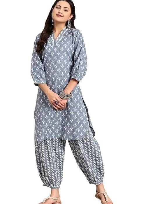 LookMark Women's Trendy Printed Cotton Blend Straight White Color Suit and Afghani Pant Set