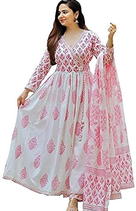 MEERA FAB Women's Cotton Printed White Anarkali Suit with Palazzo & Dupatta Set