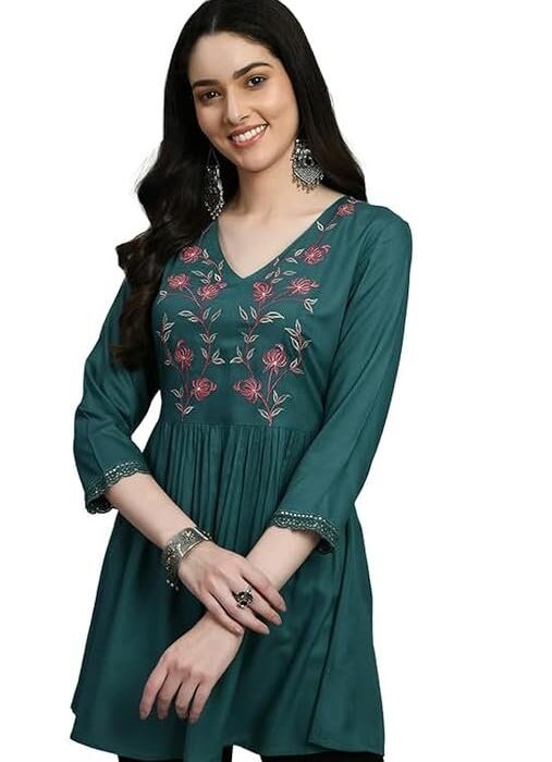 Meesan Women's Embroidered Floral Print V-Neck Tunic Top for Office & College