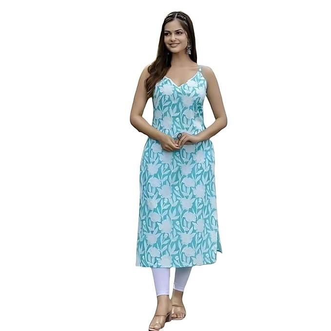 Women's Floral Printed Knee Length Round Neck Sleeveless Rayon Suit,