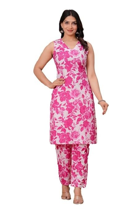 Women's Cotton Printed Straight Sleeveless Suit with Pant