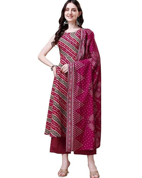 Pratham Blue Suit Set for Women Cotton Blend Anarkali Printed Suit Set for women with Palazzos and Dupatta