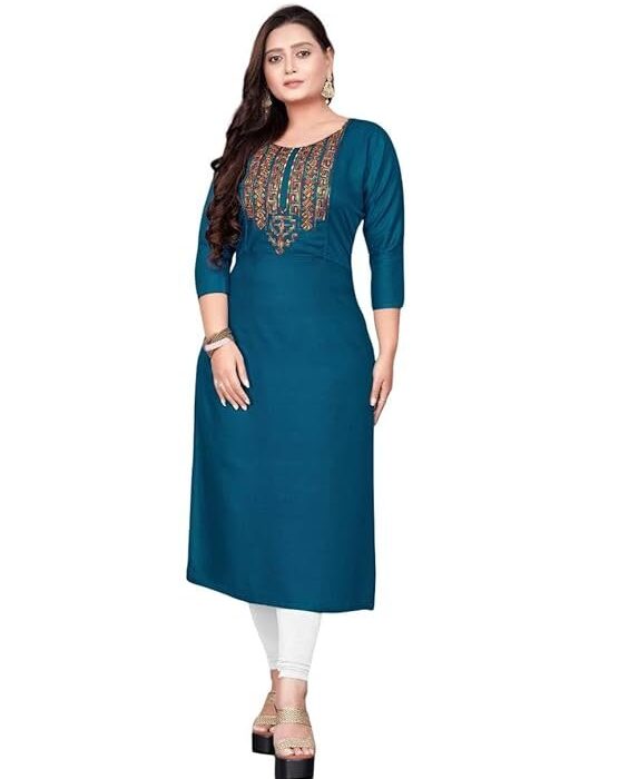 Cotton Blend Straight Embroidery Suit for Women