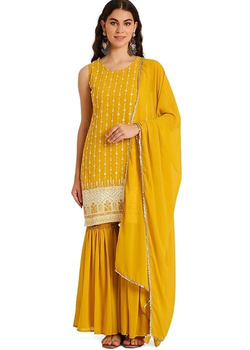 SHOPPING QUEEN Women's Georgette Straight Suit Sharara Set with Dupatta