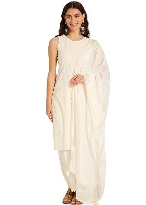 SHOPPING QUEEN Women's Rayon Chikankari Lucknowi Suit Palazzo with Dupatta Set