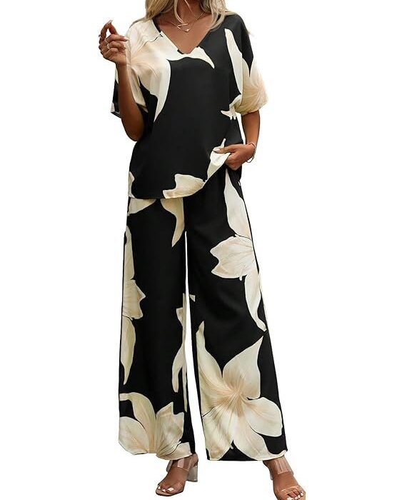 Shasmi Women's Casual Elegant Black Floral Printed Batwing V-Neck Blouse, Sleeve Shirt,