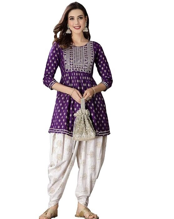 Stylum Women's Printed & Embroidered Rayon A-Line Suit With Dhoti Pant (Kdvoilmahi_Violet)
