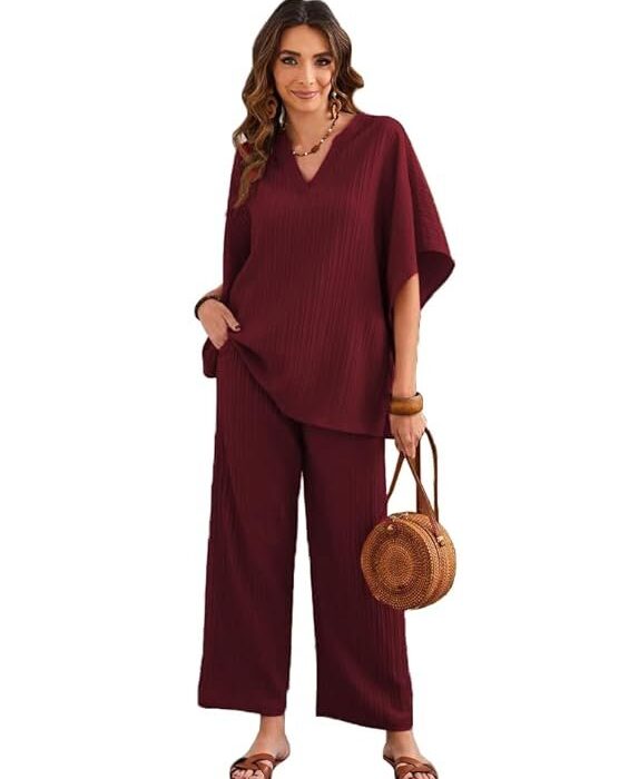 TADKEE Women's Solid Color V-Neck Kaftan Sleeve Casual Wear Co ord Set