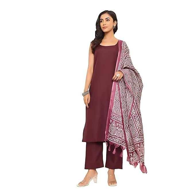 Varanga Women's Violet Strap Suit with Tonal Bottom & Printed Dupatta – Round Neck, Side Slit Design, Stylish & Comfortable