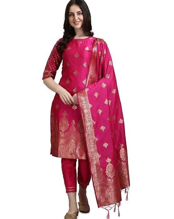 VredeVogel Women's Cotton Silk Jacquard Suit Pant with Dupatta Set