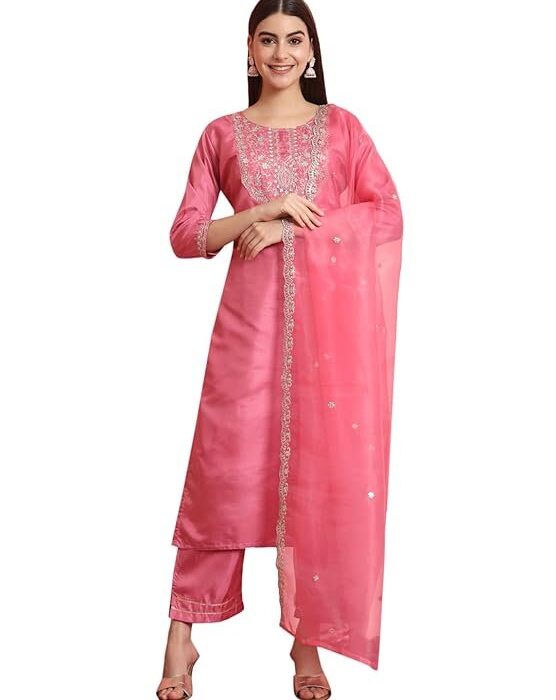 VredeVogel Women's Silk Blend Embroidered Suit with Pant & Dupatta Set