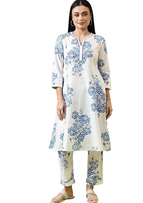W for Woman Floral Printed Pure Cotton Flared Suit and Pants Co-ord Set