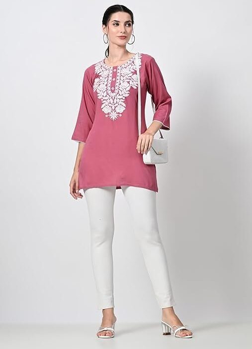 WESTEVER Short Suit for Women for Jeans, Chikankari Kurtis for Ladies, Lakhnavi Round Neck Women's Tunic Design Suit, Floral Suit & Tunics for Woman