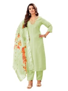 Women's Casual Cotton Blend Floral Printed V Neck Straight Traditional Suit Salwar with Dupatta