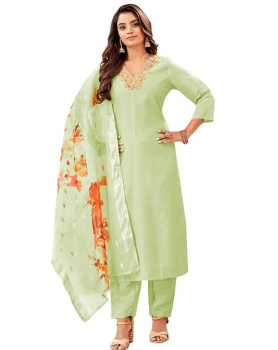 Women's Casual Cotton Blend Floral Printed V Neck Straight Traditional Suit Salwar with Dupatta