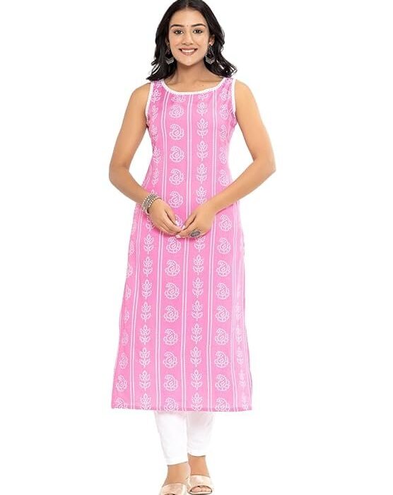 Women's Cotton Printed Straight Sleeveless Suit