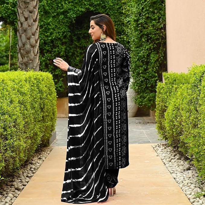 Women's Rayon Blend Straight Bandhej Printed Suit with Pant & Dupatta