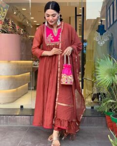 Women's Rayon Viscose Embroidered Anarkali Suit with Pant & Dupatta