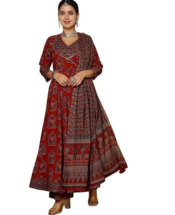 Women's Red Cotton Printed Flared Suit with Cotton Pant and Cotton Printed Dupatta Sets