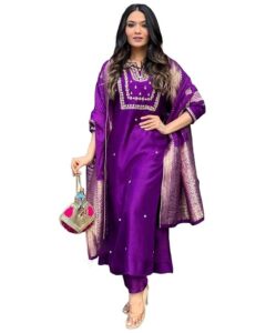 Women's Silk Blend Straight Embroidered Suit with Pant & Dupatta