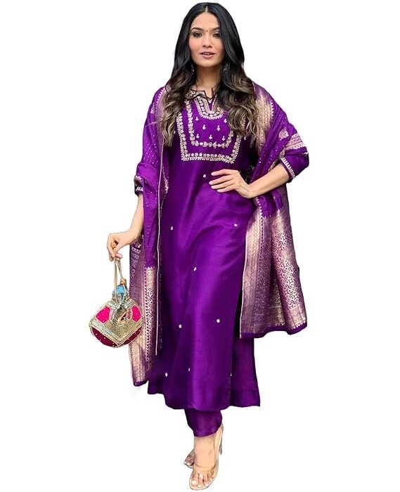 Women's Silk Blend Straight Embroidered Suit with Pant & Dupatta