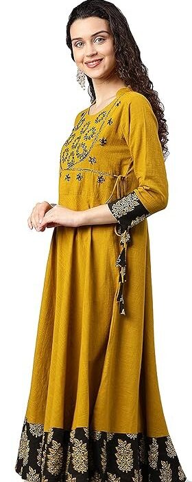 Yash Gallery Women's Cotton Relaxed Fit Angrakha Slub Sequin Work Suit