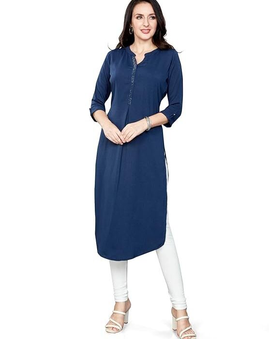 nioni Women's Open Manderian Neck Straight Suit with Fold Cuff & Double Button Sleeves