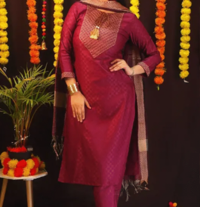 Women Cotton Blend Kurti Pant Dupatta Set